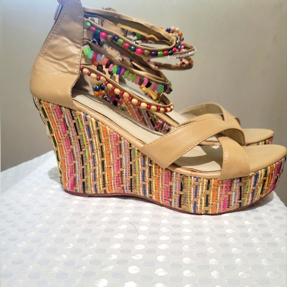 Womens Hobo Wedged Beaded Ankle Strapped Shoes - Picture 1 of 3